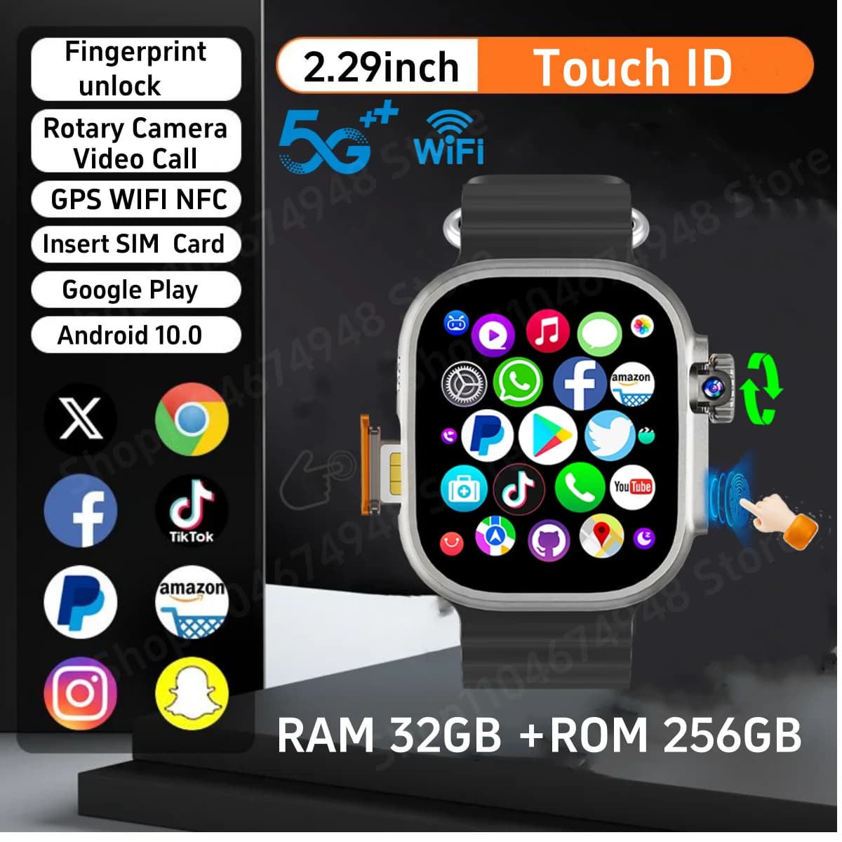 DW100 Pro Android Smartwatch Digital Improper Unlock Control Smart Watch 256GB ROM Download Free WiFi App GPS Camera 2.29 inch Amoled