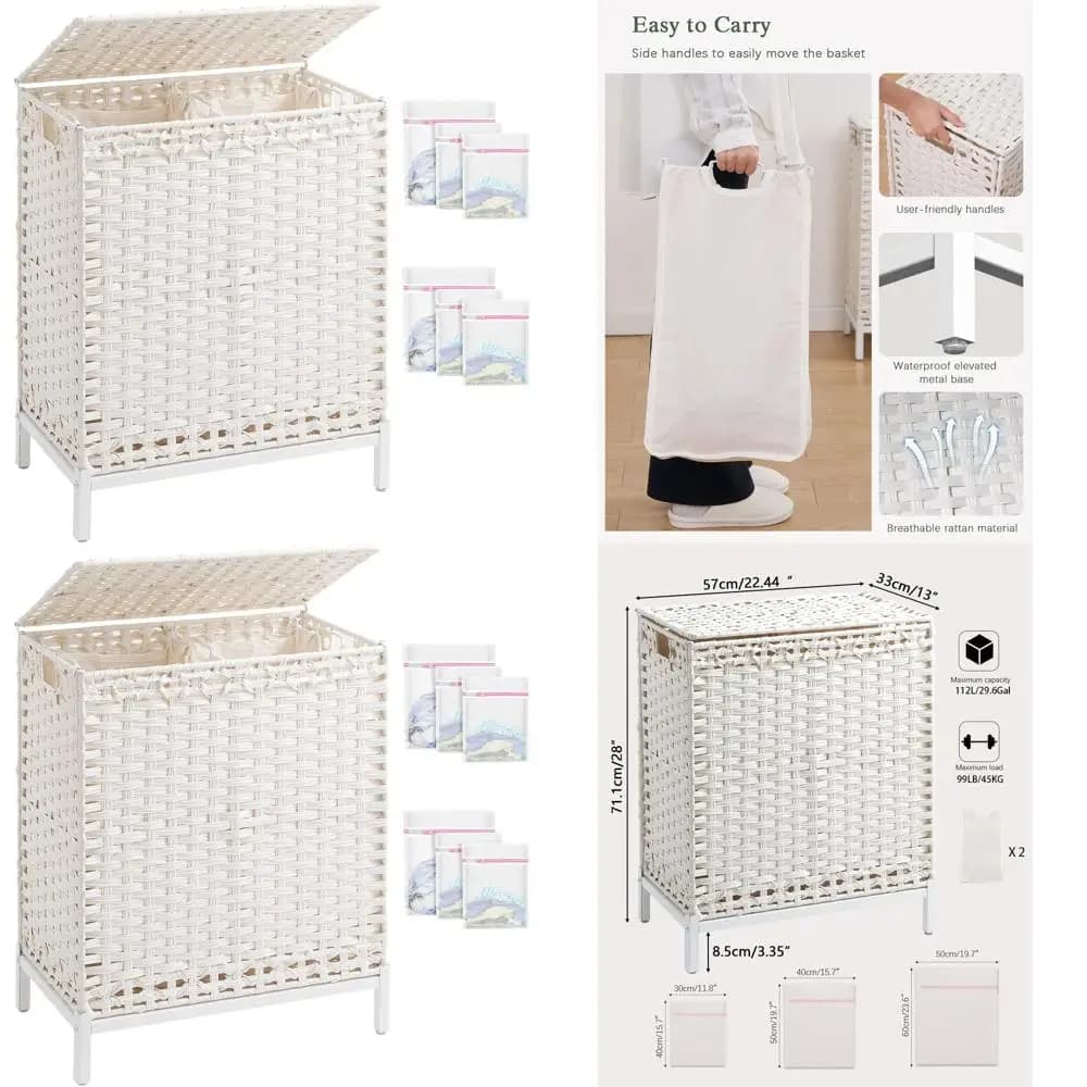 Bookcase basket in Rattan 11L Hand braided with Cover, 2 Removable Lining, 6 Network Bags, Large Basket for Home Use, White