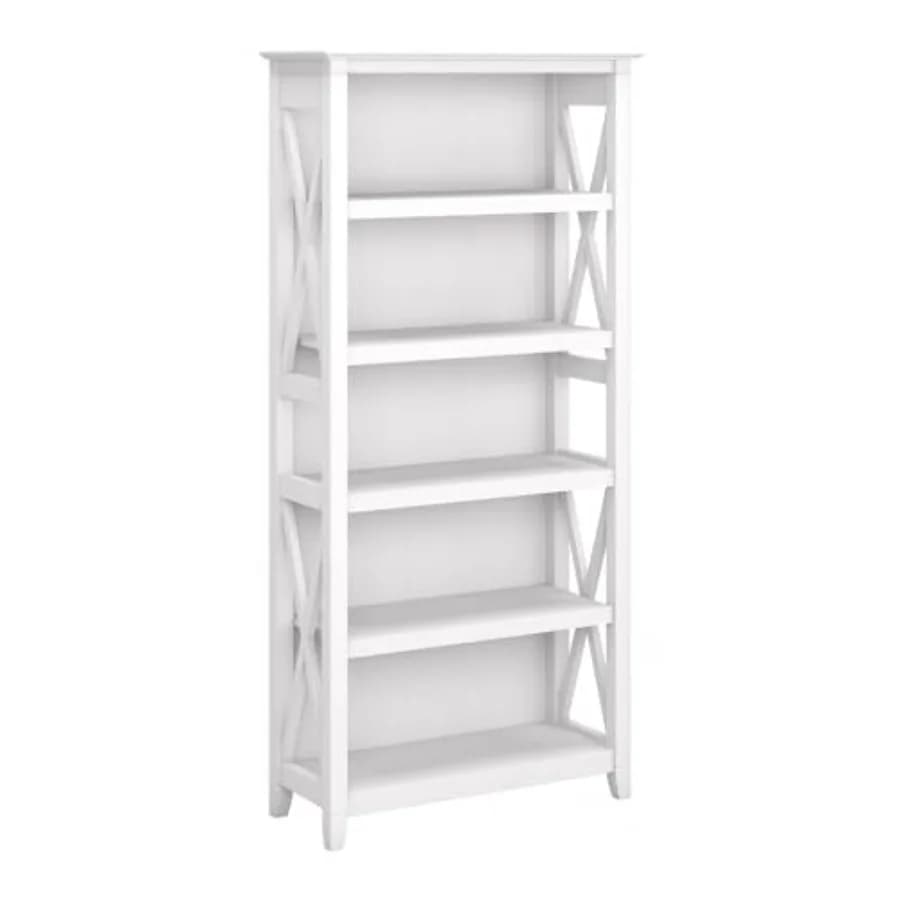 Libreria Alta per Soggiorno o Ufficio, Ampio Spazio di Archiviazione, Stile Moderno Farmhouse, Collezione Key West, Finitura Bianca, con Scaffali Integrati
