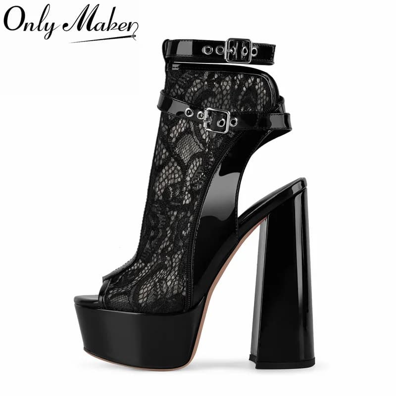Onlymaker Women Lace Peep Toe Ankle Strap Block Heel Booties Sandals Chunky Square Heels Party Buckle Strap Block Heel Sandals