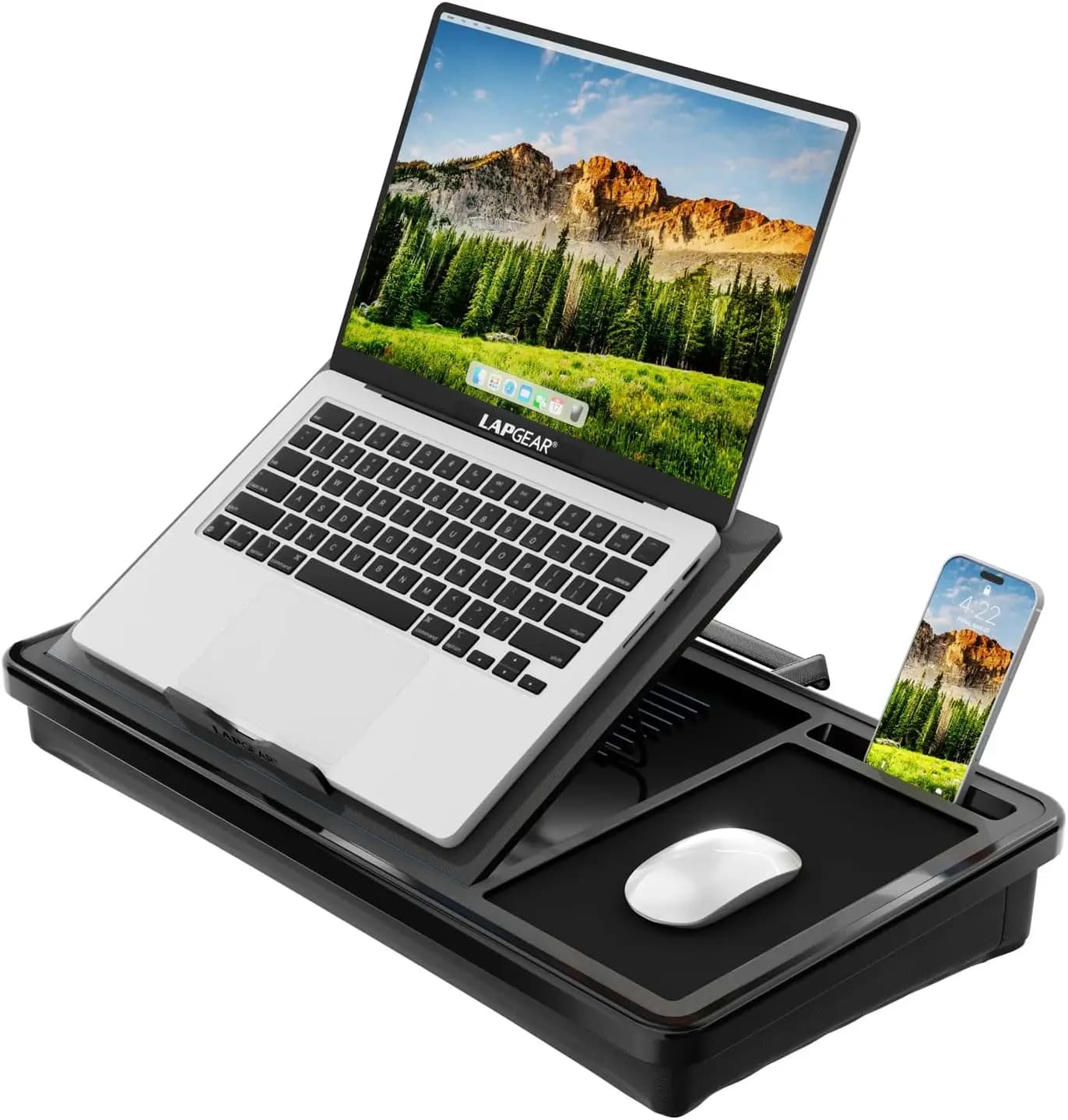 Supporto ergonomico per laptop con altezza regolabile, tappetino per mouse e slot per telefono – Cuscino in microsfere per laptop fino a 15,6 pollici – Nero