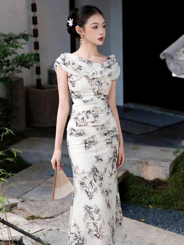Chinese Style Vintage Print Off Shoulder Mermaid Midi Dress Women Elegant Bodycon Long Dresses Robe Summer Vacation Party Casual