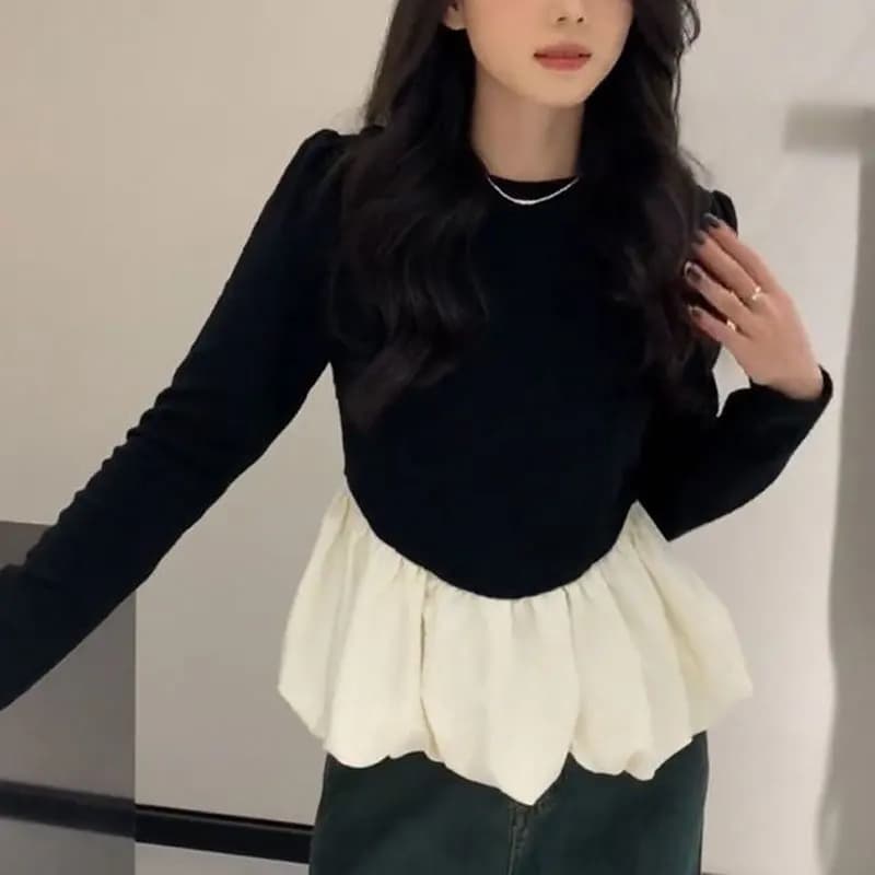Camicetta senza schienale elegante sexy con scollo a O Abbigliamento da donna Colori contrastanti Camicia a maniche lunghe con volant impiombati Primavera Autunno