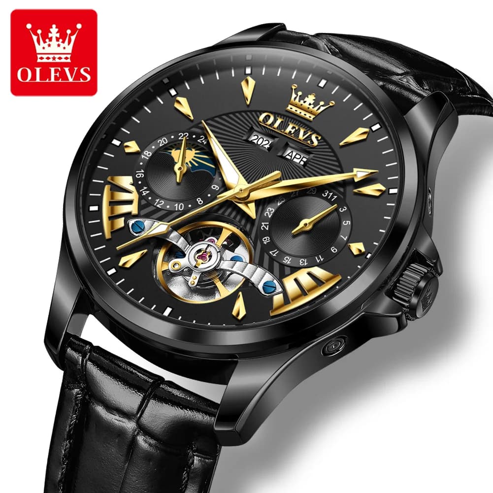 OLEVS 7103 Men Automatic Mechanical Watch Leather Strap Skeleton Tourbillon Moon Phase Luminous Waterproof Business Wrist Watch。
