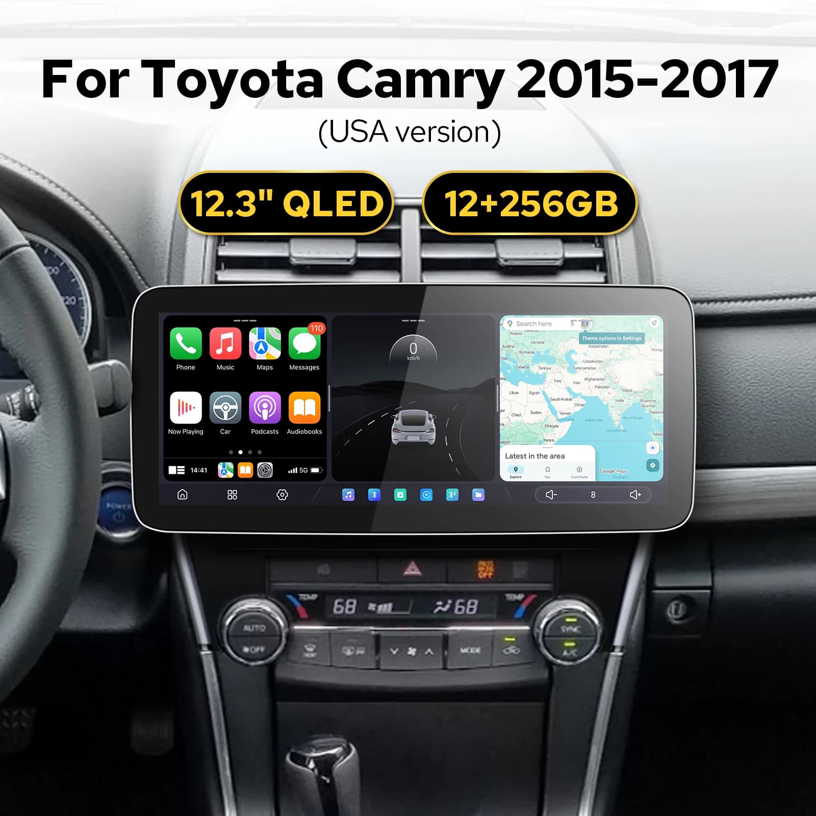 Plug & Play 12.3 "Android Autoradio per Toyota Camry 2015-2017 1920x720 QLED Schermo Veloce 12 + 256GB Navigazione per auto intelligente