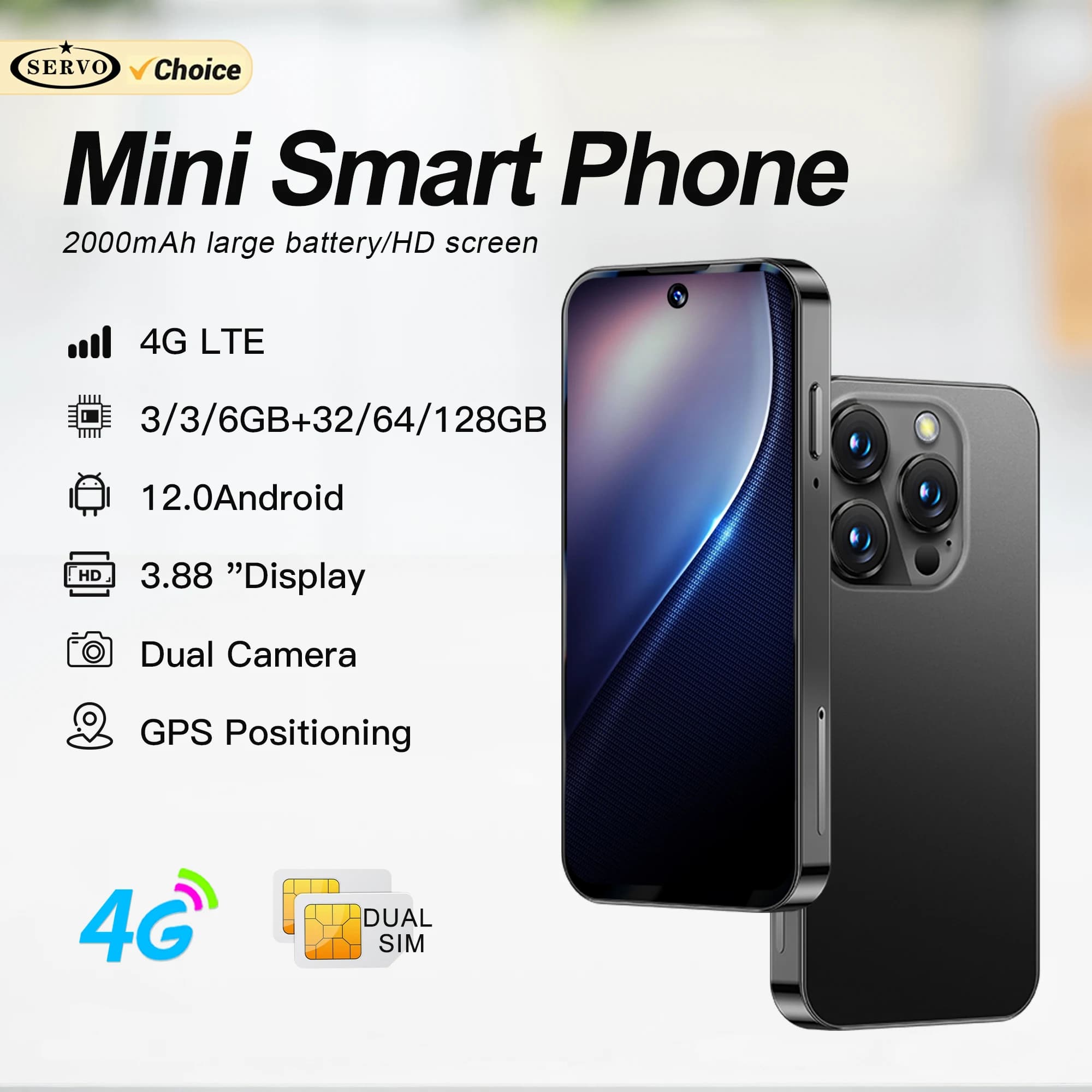 SERVO 19PRO Mini Smartphone Android 4G LTE con Play Store, 6GB RAM, 128GB ROM, WiFi, OTG, Dual SIM, Schermo da 3.88"