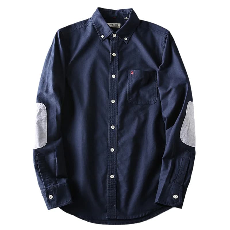 Camicia da uomo slim fit in tessuto Oxford, stile autunnale, in puro cotone lavato, con patch sui gomiti, versatile, con bottoni.
