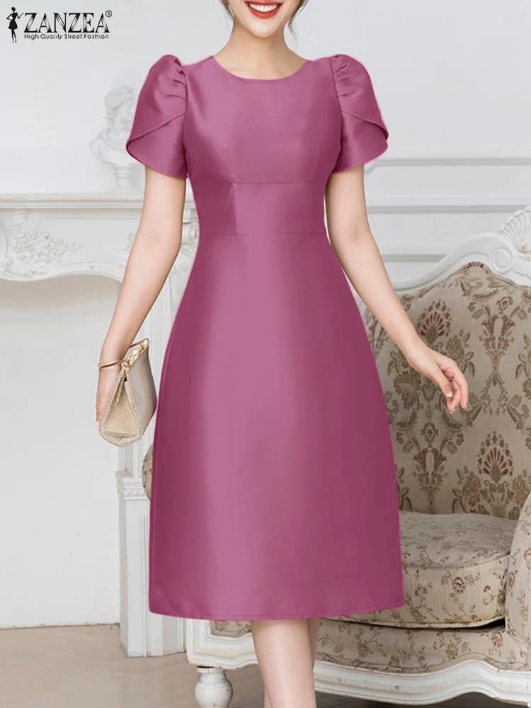Elegant Solid Satin Party Dresses ZANZEA 2025 Summer Women Short Sleeve OL Work Dress Stylish A-line Midi Sundress Vestidos Robe