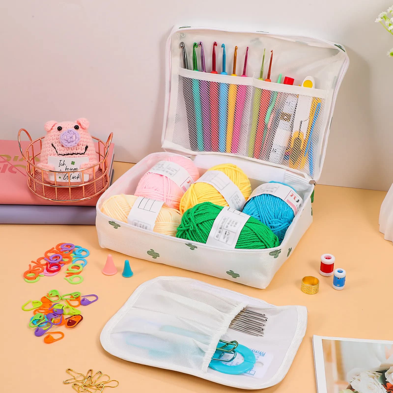 1 set 1 kit di ganci, filati, aghi per uncinetto, strumenti per tessitura per principianti con borsa da trasporto portatile, accessori per uncinetto