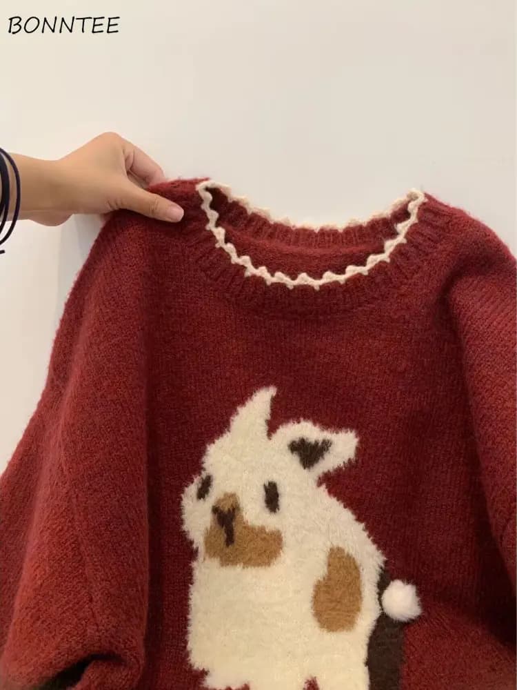 Pullover lavorati a maglia rossi donne festival sciolti per il tempo libero o-collo adorabile dolce Y2k maglioni Vintage dei cartoni animati Ulzzang All-match Ins Hot