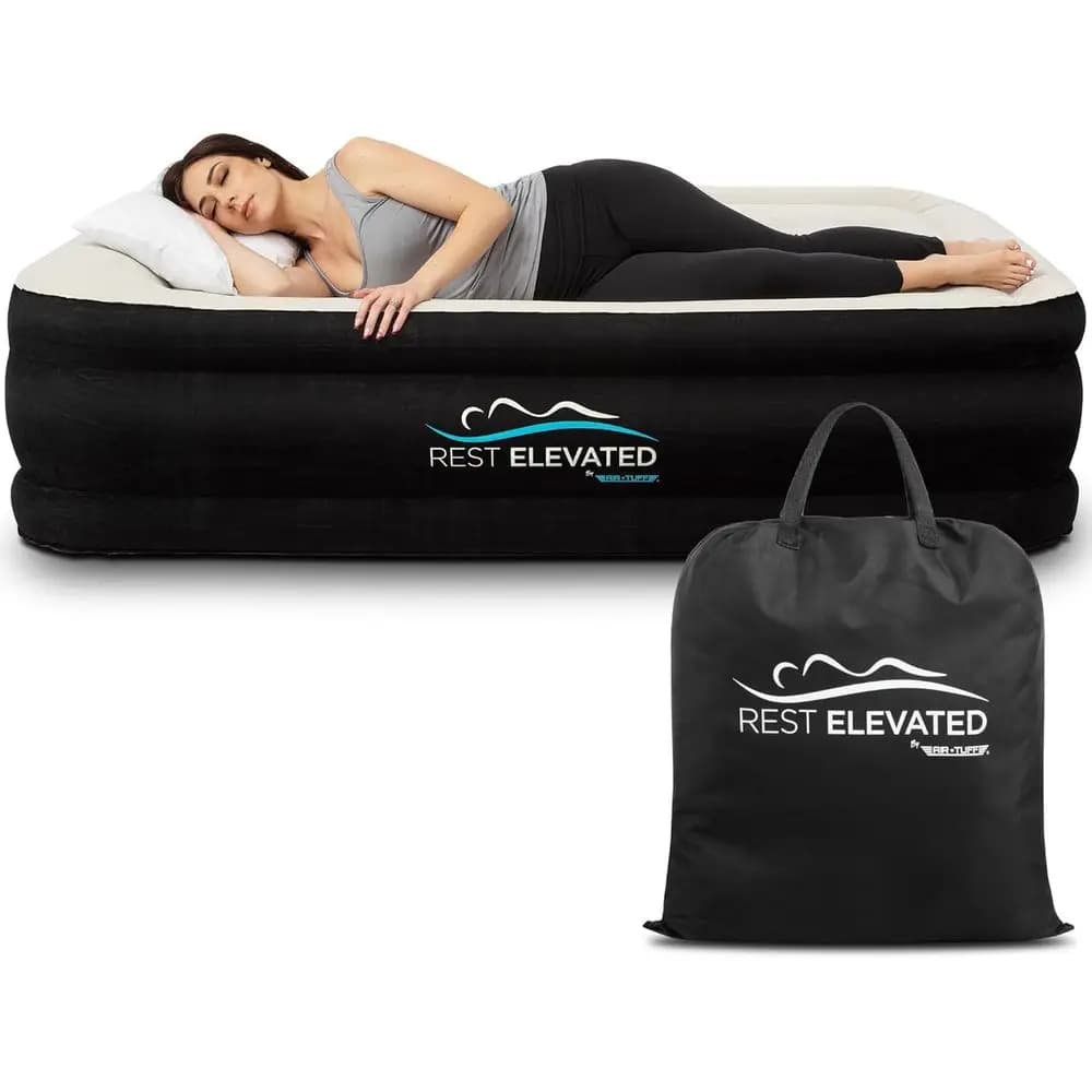 Materasso ad aria di lusso Queen con strato Pillow Top e pompa integrata | Supporto per altezza e bobina da 20 mm | Regolabile per casa, viaggi, campeggio - Nero