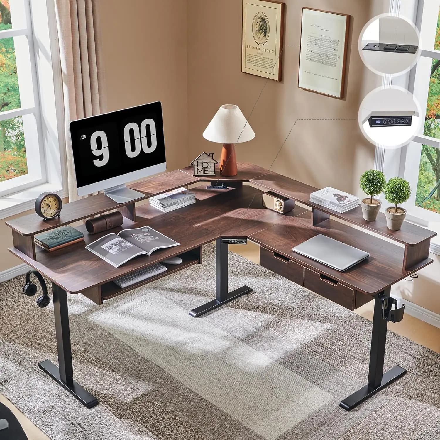 Scrivania Elettrica Regolabile a L da 60 Pollici, Postazione di Lavoro per Gaming con Cassetti, Vassoio per Tastiera, Prese Elettriche, Mensola LED, Personalizzabile
