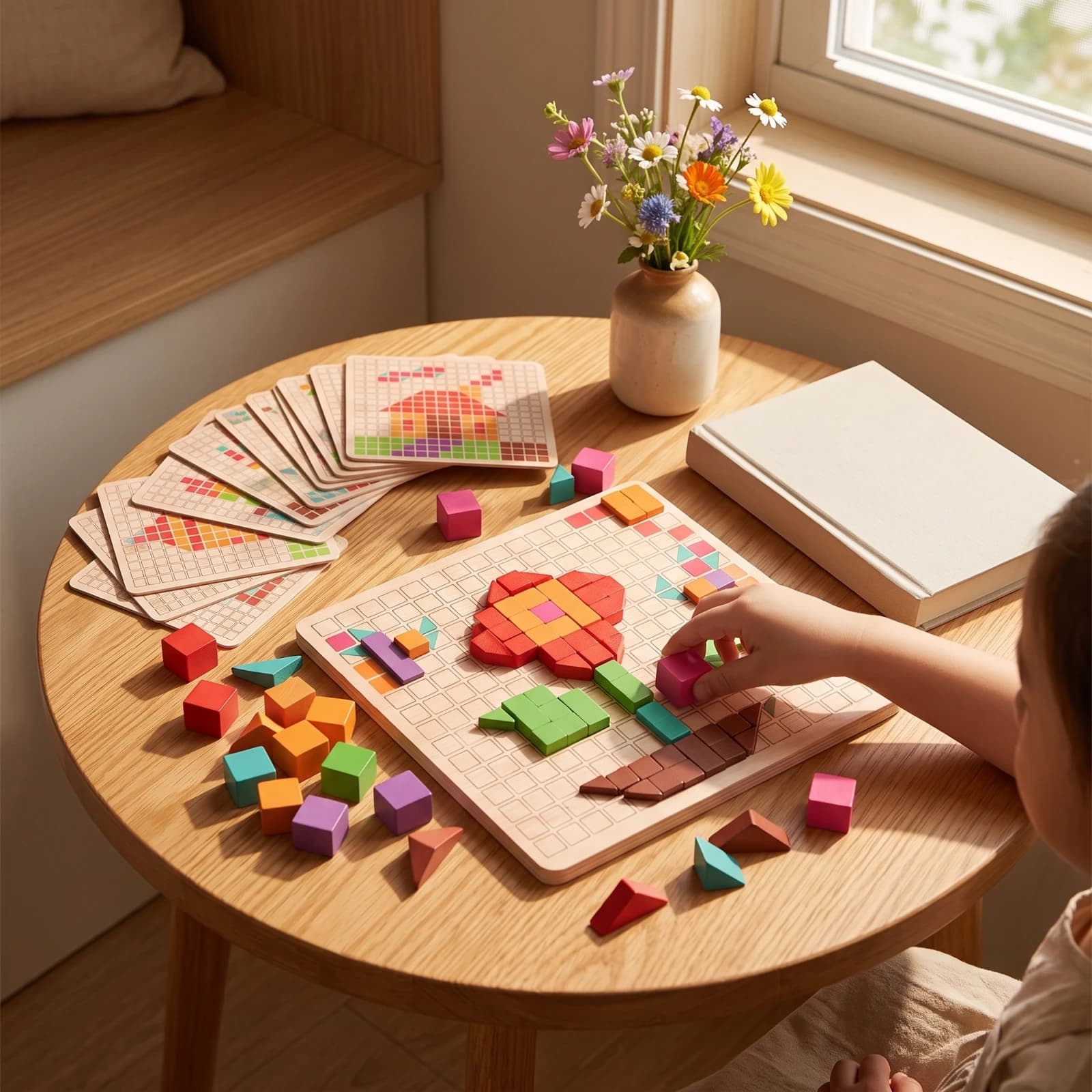 Pixel Puzzle Educational Wooden Mosaic Puzzle Pixel Board Game Fine-Motor Shape Pattern Block Set Educational Method