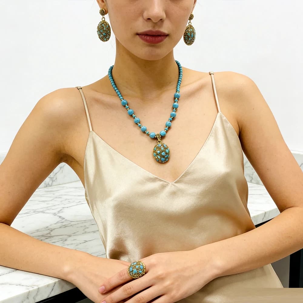 Collana di cristalli turchese Orecchini Anello Catena di maglioni Retro clavicola Perle di perle d'acqua dolce naturali per gioielli con ciondoli da donna