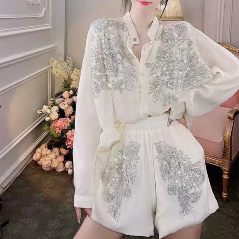 Camicie in Chiffon monopetto con paillettes ricamate con fiori trasparenti + pantaloncini con perline a gambe larghe tuta Cardigan con protezione solare estiva