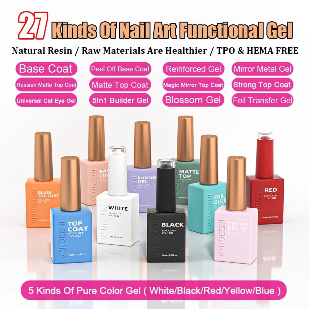 Vendeeni 27 tipi di base per smalto gel funzionale UV, rivestimento superiore cromato opaco, gel per trasferimento in lamina di fiori, gel universale per occhi di gatto