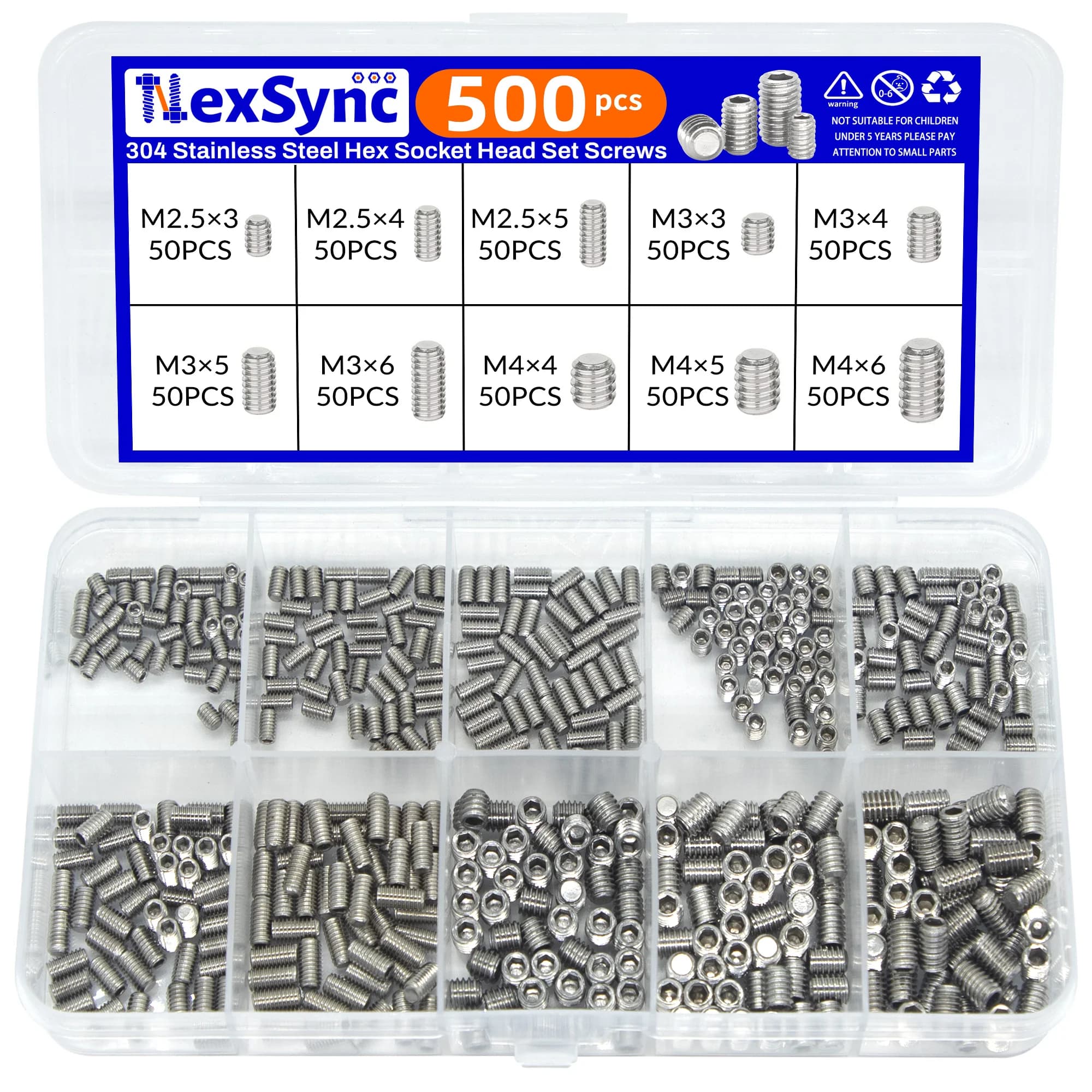 500 pcs M2.5 M3 M4 304 Stainless Steel Esagono Incassato A Esagono Incassato a Punta Piatta Grub Bolt Set Screw Kit Box