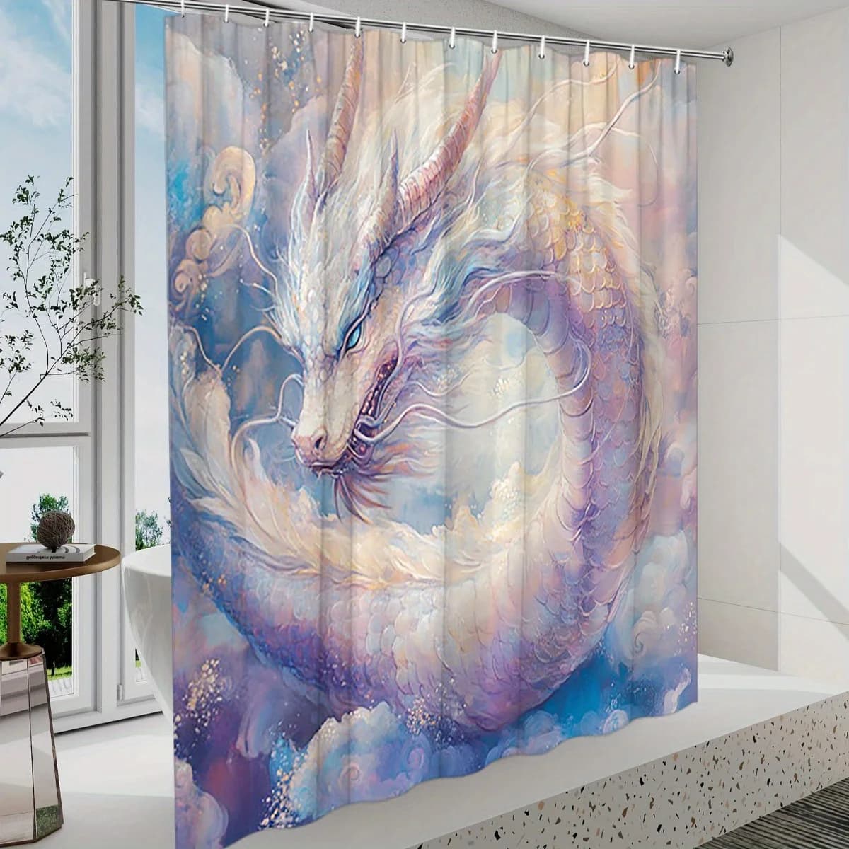 Tenda da doccia con drago lavanda - Design fantasy, squame fluenti e cielo mistico, poliestere, 12 ganci, 70,8x70,8 pollici, lavabile