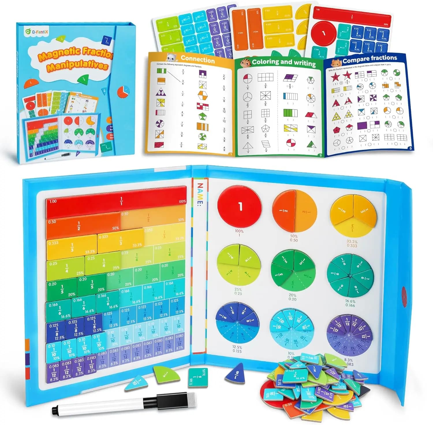 Set di Piastrelle e Cerchi Magnetici per Frazioni - Materiali Didattici Visivi per Bambini
