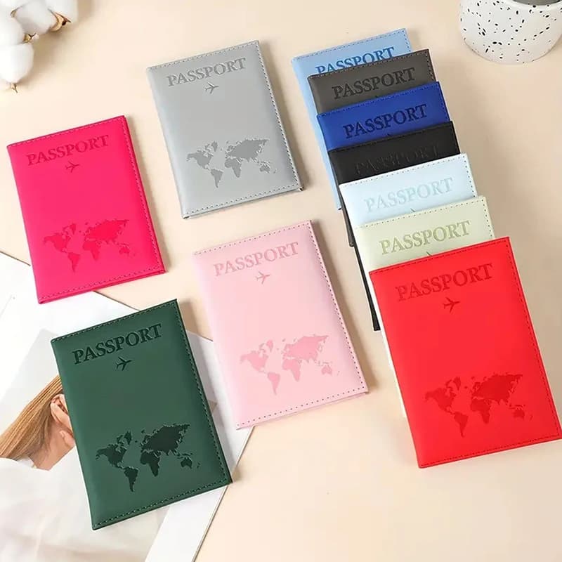 PU Leather Passport Cover with World Map Travel Organizer Card Holder ID Document Protector for Men & Women