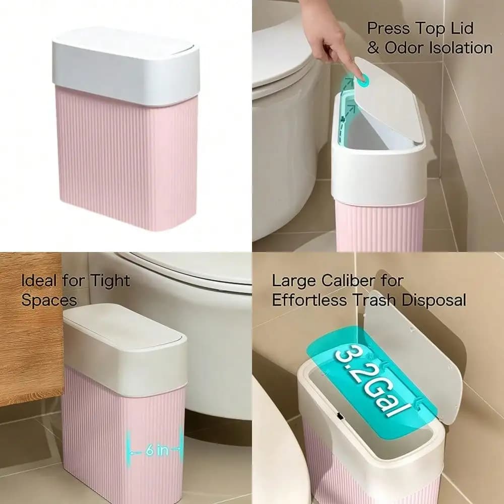 Cestino per rifiuti da bagno con coperchio 12L, piccolo cestino in plastica per cucina con coperchio a pressione, 3,2 galloni, sottile, a prova di cane, cestino per rifiuti.