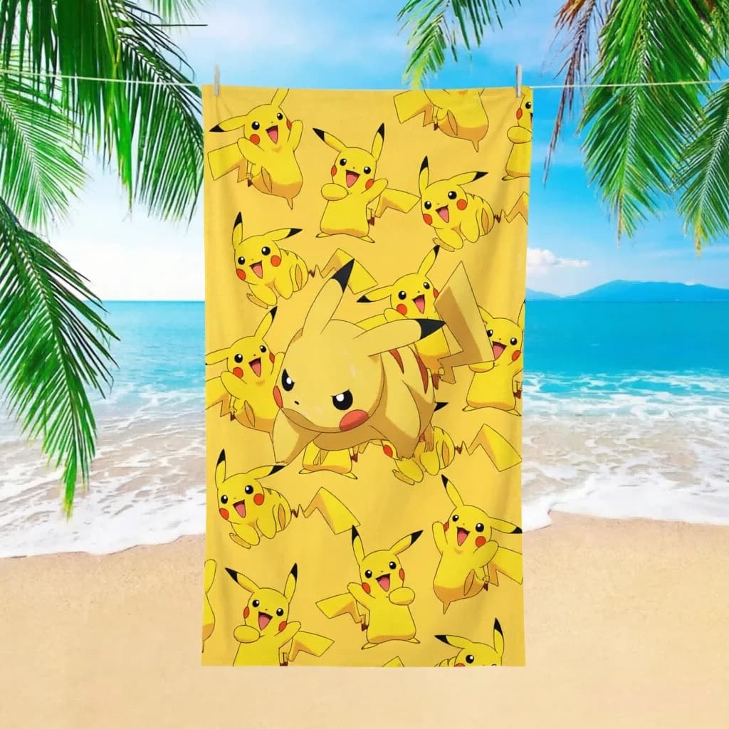 Asciugamano da spiaggia Pikachu Pokemon, 1 pezzo, in microfibra con stampa integrale, ideale per bambini e adulti, spiaggia, piscina, nuoto, viaggi, bagno, vacanze, uso quotidiano