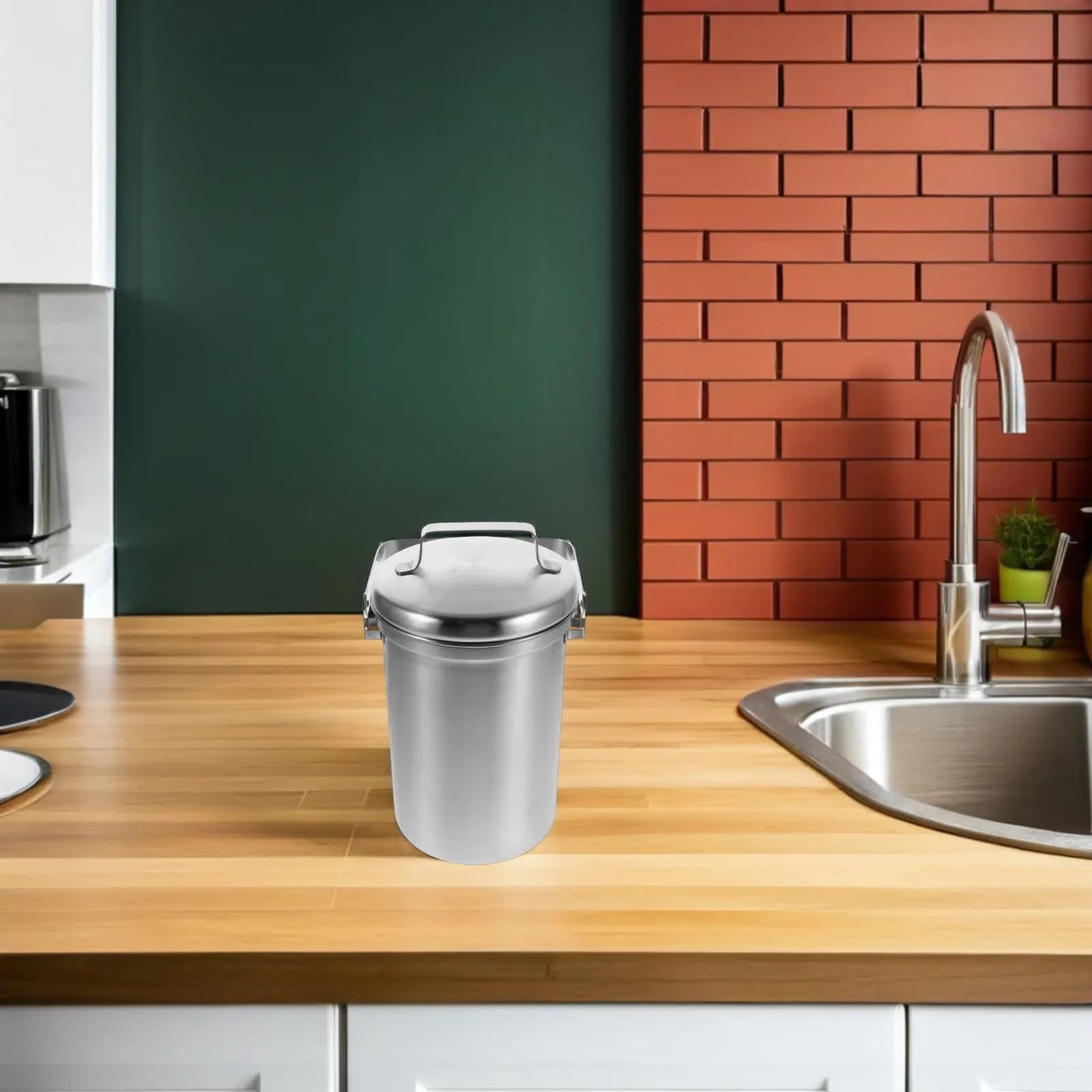Contenitore per Compostaggio da Cucina in Acciaio Inox, Bidone per Rifiuti Alimentari da Bancone con Coperchio