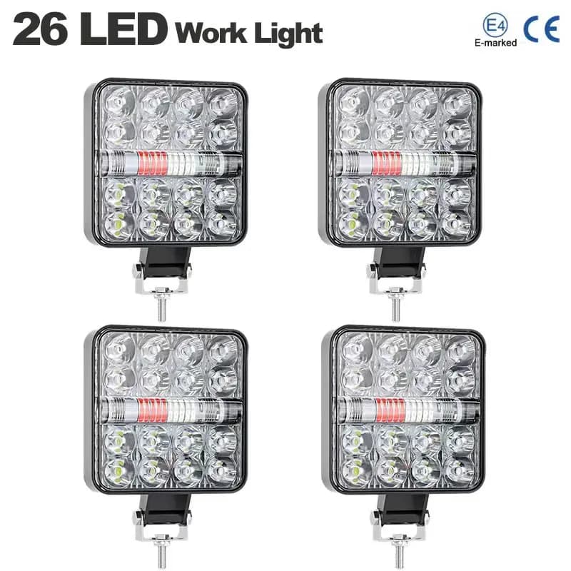 Faro da Lavoro a LED 26 LED Rosso Blu Lampeggiante 9-30V Quadrato per Fuoristrada, Camion, Trattore, Rimorchio, Escavatore, Pickup