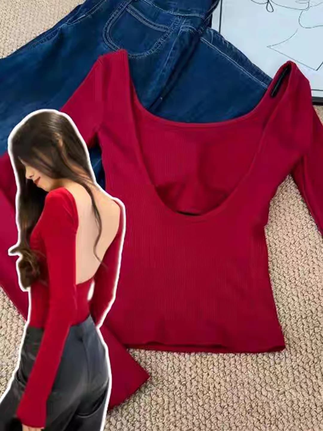 Red U-Neck Long Sleeve T-Shirt Women's Autumn Waist-Cinching Low-Neck Base Shirt Short Style Top Sweet Style Streetwear