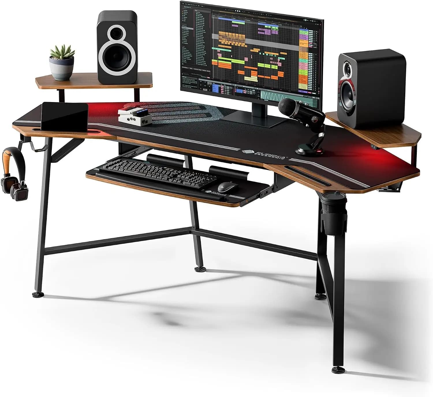Gaming Desk Wing Shaped Keyboard Tray 72 Inch Walnut | LED monitor stand with dual headphone hooks and cup holder, built