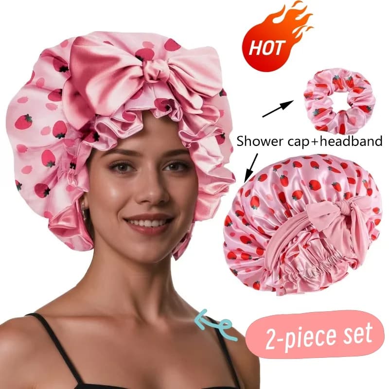 Cute 2piece Set Hat Headband Adjustable Soft Women Shower Cap Nightcap Comfortable Smooth Fabric Suitable for Curly Hair Braids