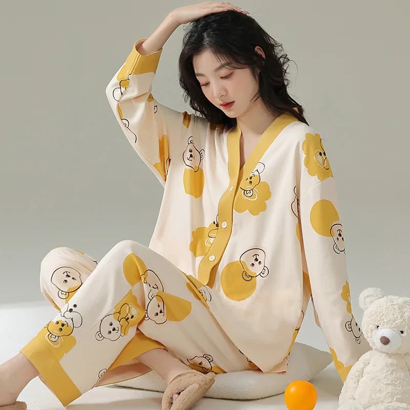 2 pz/set Primavera Autunno Pantaloni a maniche lunghe Homewear Pigiama Donna Homewear Abbigliamento Abbigliamento Autunno Inverno Donna Pigiama vestito