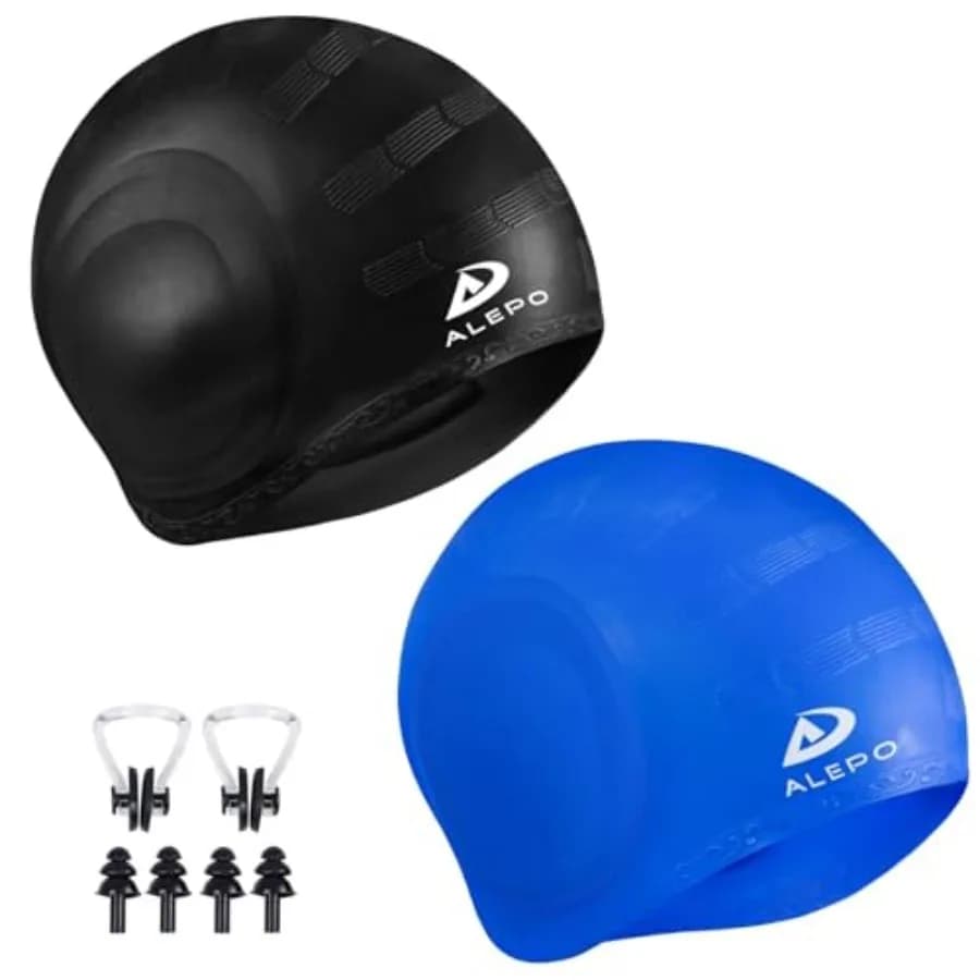 2 Pack Unisex Swim Caps with 3D Ear Protection, Durable Flexible Silicone Swimming Hats for Women Men Adults, Bathing Swimming