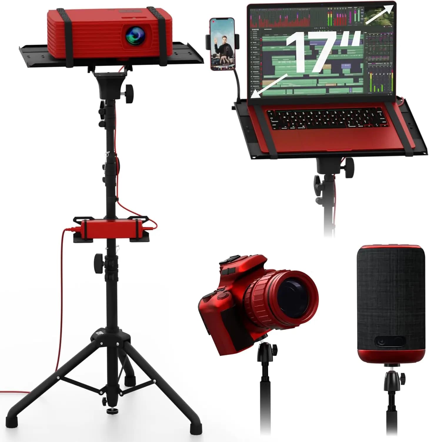 Supporto Treppiede Regolabile per Proiettore 27"-62", Supporto da Terra Portatile per Laptop, Fotocamera, Luce e Rack DJ