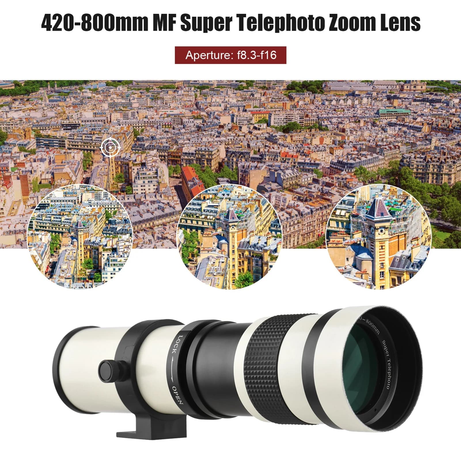 Fotocamera MF Super teleobiettivo zoom obiettivo F/8.3-16 420-800mm attacco T con anello adattatore sostituzione filettatura universale 1/4 per Canon