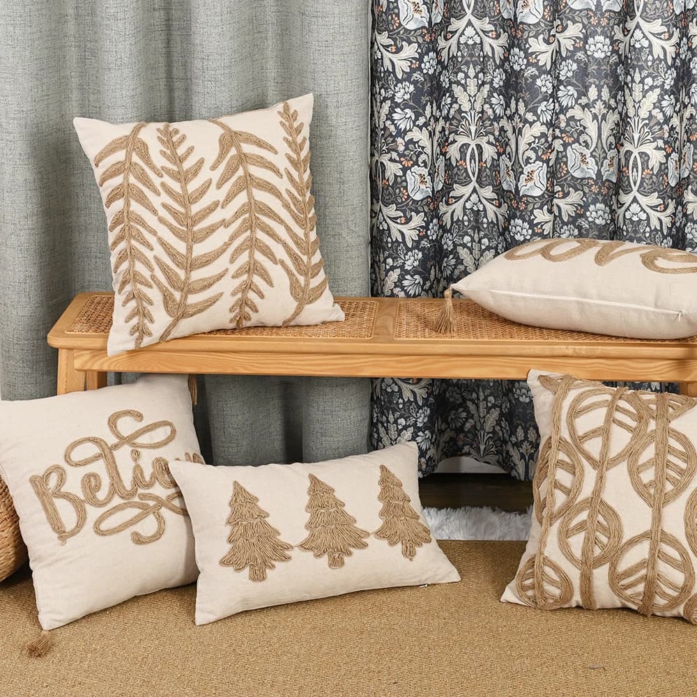 BUYNOW 1PC Beige Hemp Rope Embroidered Tassles Pillowcase Decor Boho Leaves Cushion Cover for Sofa Bed Livingroom Home Decor