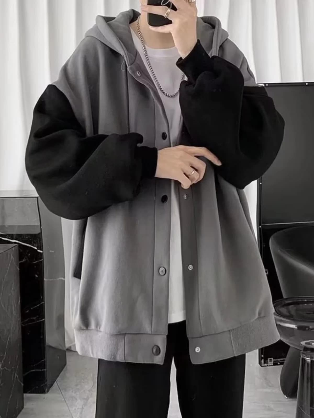Men's Oversized Hoodie Cardigan Fleece Lined Korean Style Trendy Patchwork Casual All Match Hong Kong Style Autumn Winter Coat