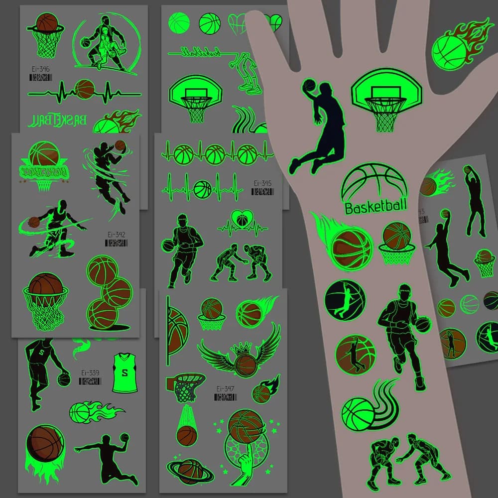 10 fogli Sport Tema basket Tatuaggi temporanei luminosi Gioco di squadra Adesivo viso corpo per bambini Decorazione festa di compleanno ragazzo