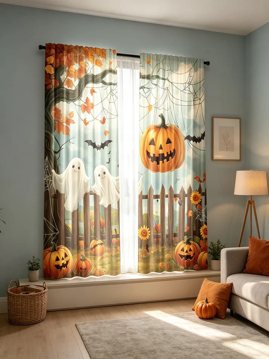2PCS Halloween Digital Print Curtains, Pumpkin Ghost Fence Maple Leaves, Cute Cartoon Style, Kids Bedroom Living Room Decor