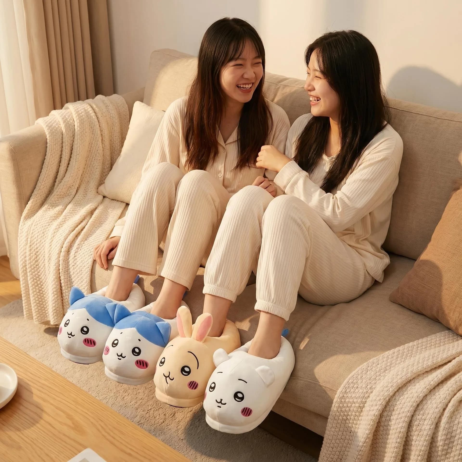 Japanese-Style Chiikawa Women Plush Slippers Usagi Hachiware Cartoon Couple Home Warm Leisure Cute Girl Winter Cotton Slippers