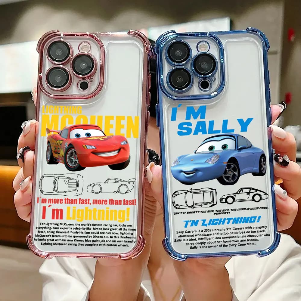 Custodia Antiurto Lightning McQueen e Sally Disney per iPhone 17 Air, 16, 15, 14, 11, 12, 13 Pro Max, 16e, 17E, 15 Plus, 13