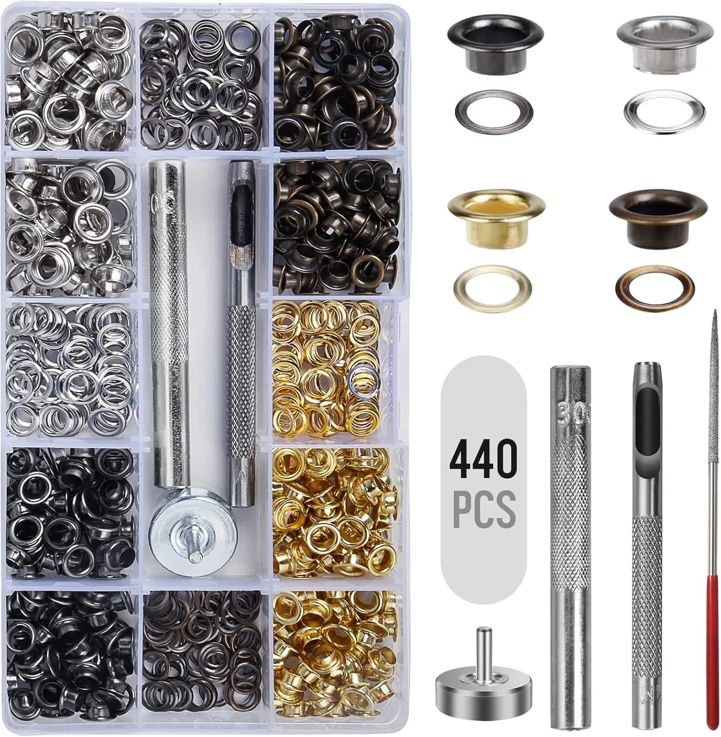 Kit di Attrezzi per Occhielli da 3/16 Pollici, 440 Pezzi di Occhielli con Asta di Levigatura Extra per Lavorazione del Cuoio, Cinture, Borse, Scarpe