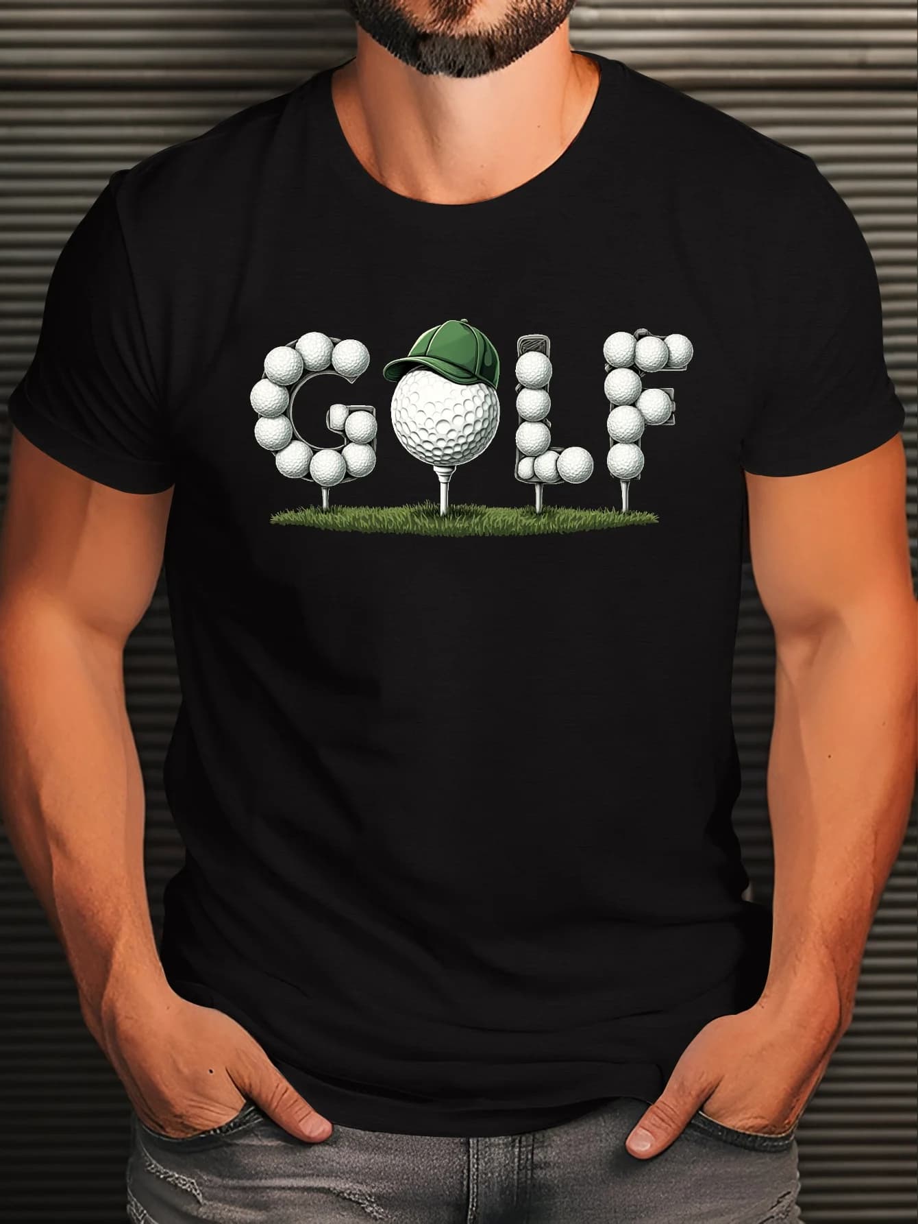 T-shirt grafica da golf da uomo Spooky Season - Nera con scritta GOLF verde e design particolare con pallina da golf, Ultr