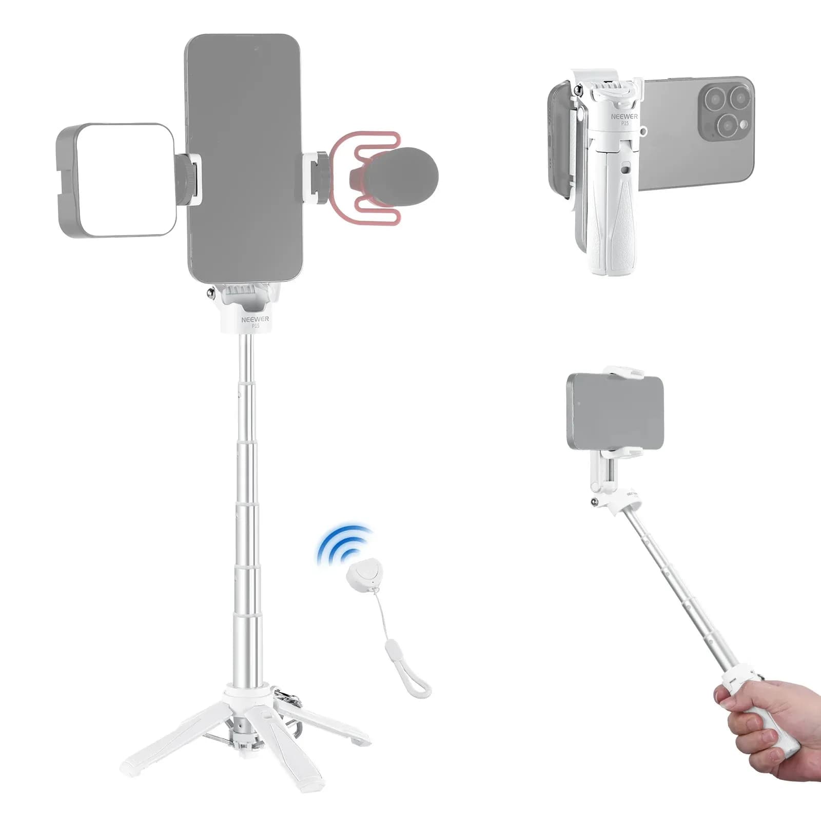 NEEWER P15 Foldable Selfie Stick Tripod – Bluetooth remote included, lightweight travel companion for content creators