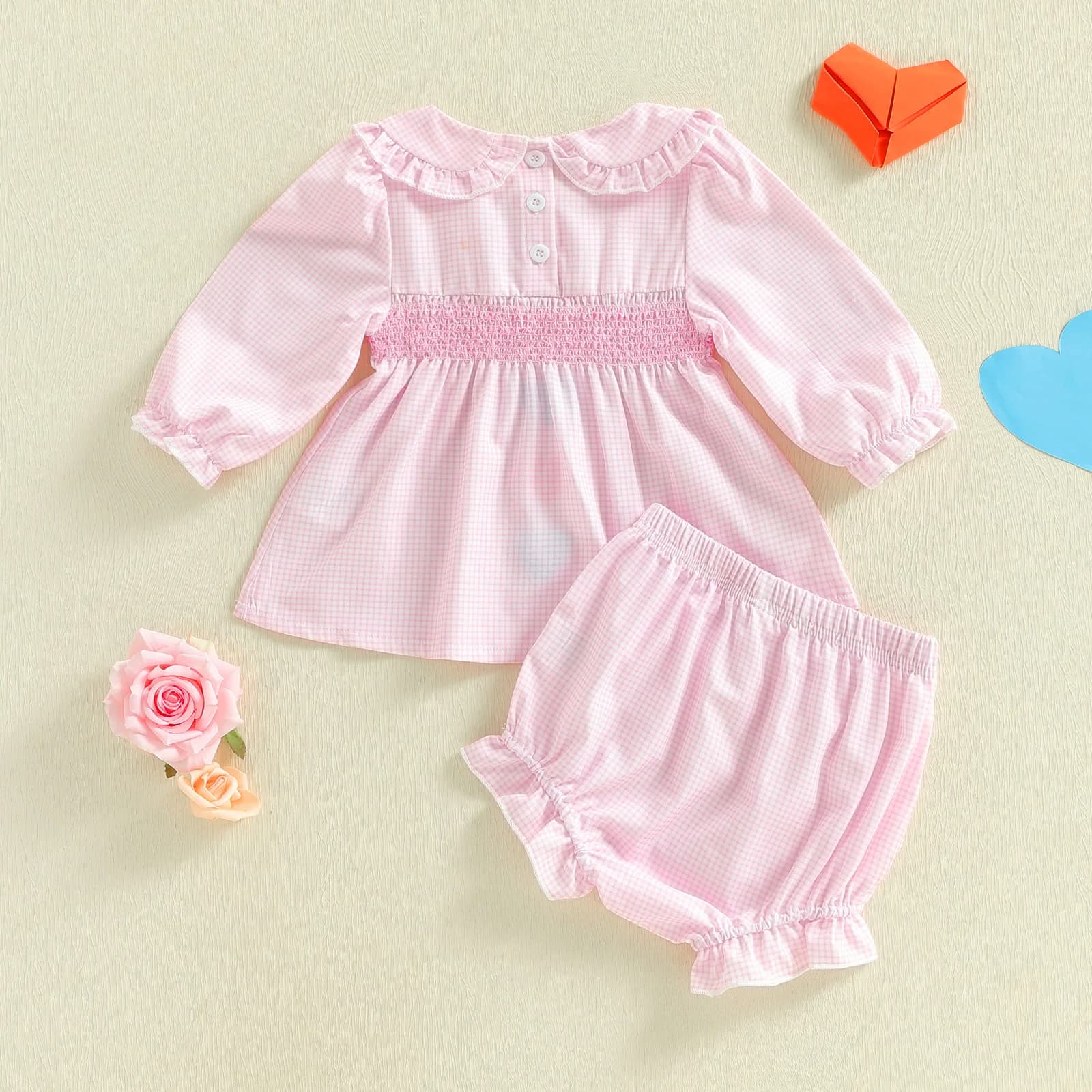 Little Girls 2 Piece Outfits Fashionable Heart Applique Long Sleeve Ruffled Doll Collar Dress and Shorts Set