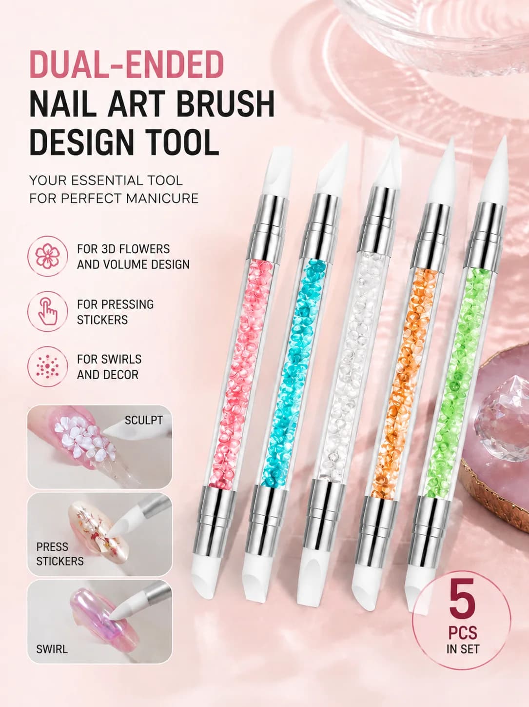 Double Head Silicone Dotting Pen Nail Art Carving Embossing Stamping Manicure Tool 1 Set 5 Pcs