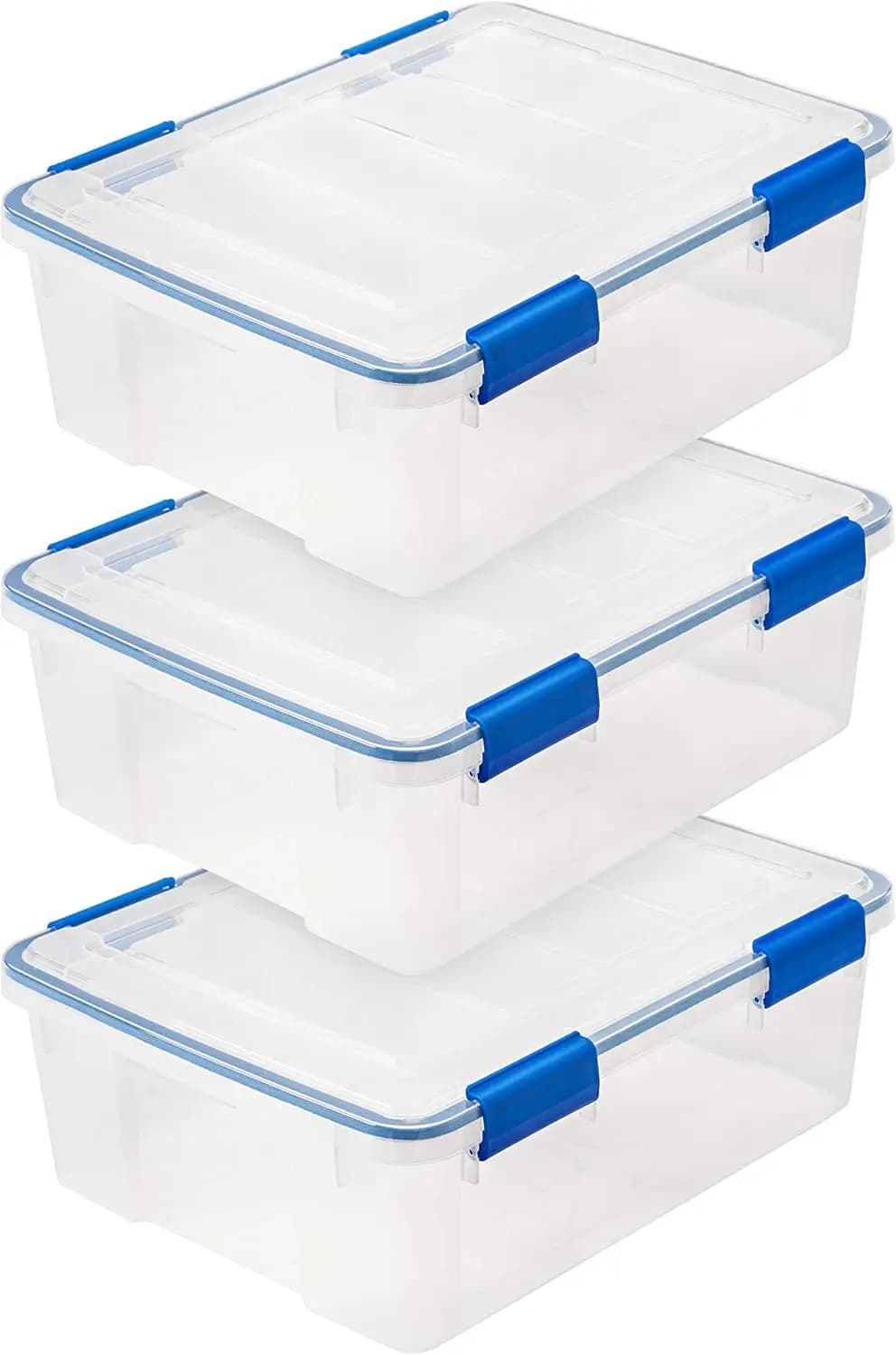 Contenitori Impilabili Trasparenti/Blu da 27 Qt con Coperchi, Set da 3, Scatola in Plastica Senza BPA con Guarnizione, Chiusura Ermetica