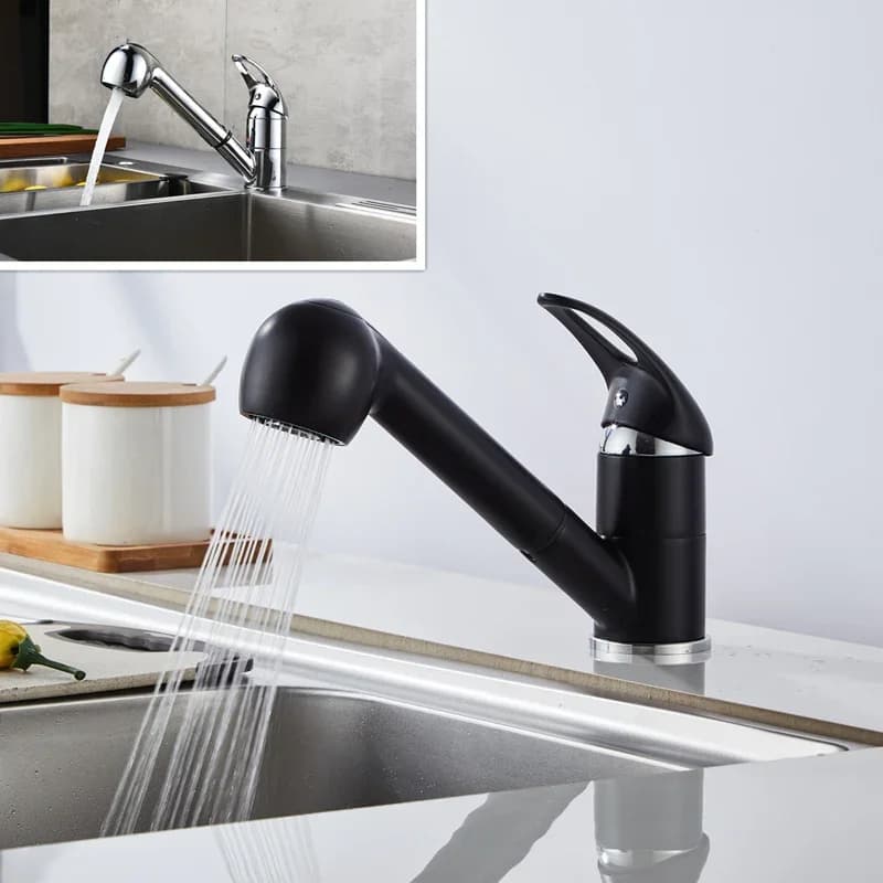 Rubinetto da cucina nero Ottone massiccio Foro singolo Beccuccio estraibile Lavello da cucina Miscelatore Spruzzatore a flusso Testa Argento Miscelatore rubinetto caldo freddo