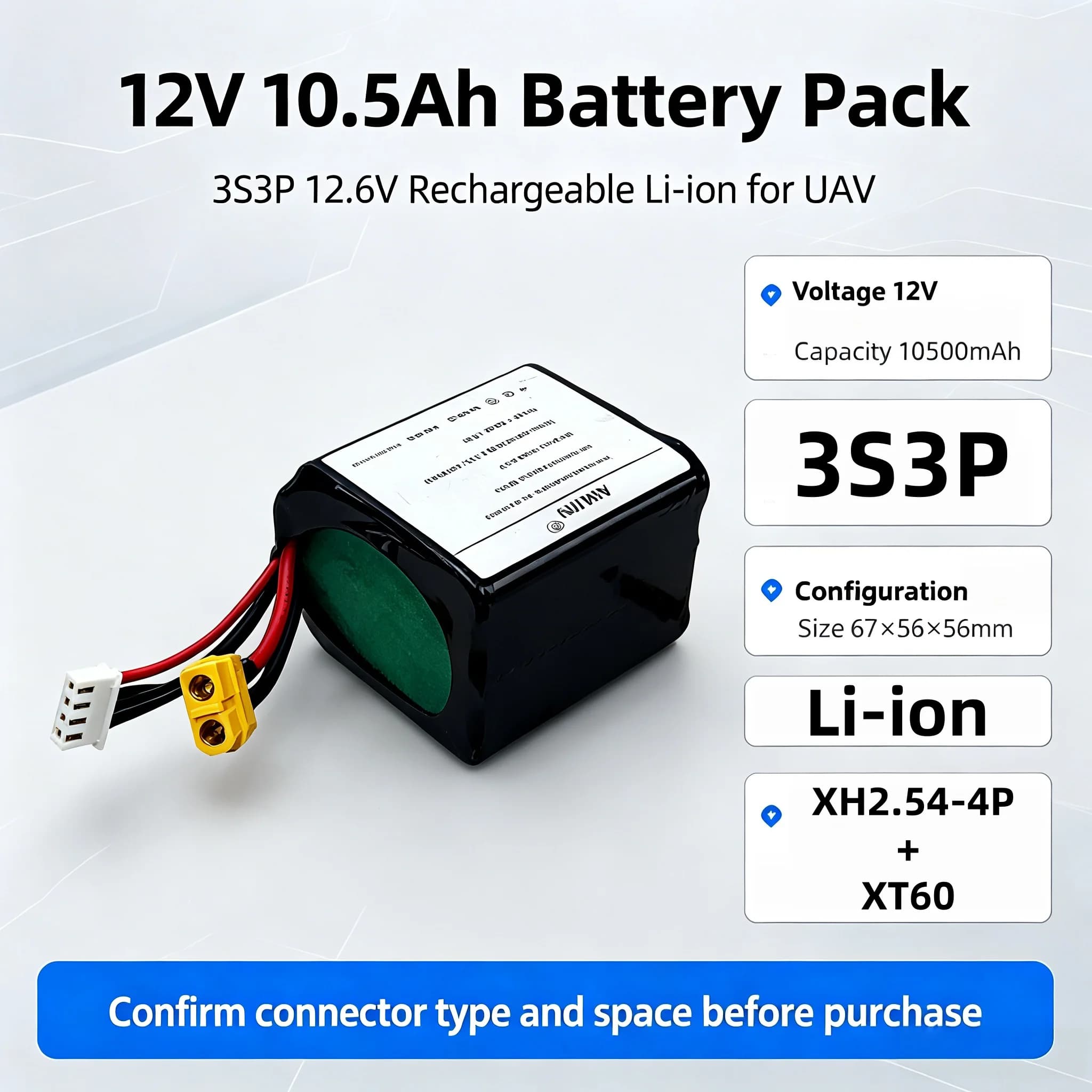 For RC Drone Quadrotor Airplane 3S3P 12V 10.5Ah 18650 Rechargeable Li‑ion Battery Pack XT60 XH2.54‑4P Interface
