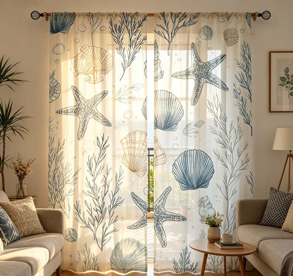 Digital Printing Sheer Curtain, Mermaid Tail Scales Ocean Pattern, Magical Underwater Girls Bedroom Fantasy Beach Decor